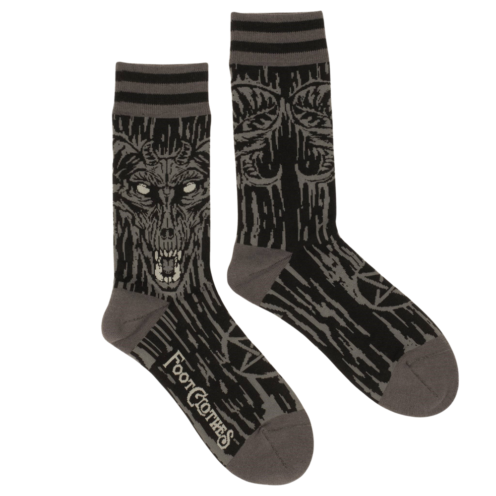 
                      
                        A pair of socks depicting a gruesome demon from the deep. Brown toes, heel and cuff. 
                      
                    