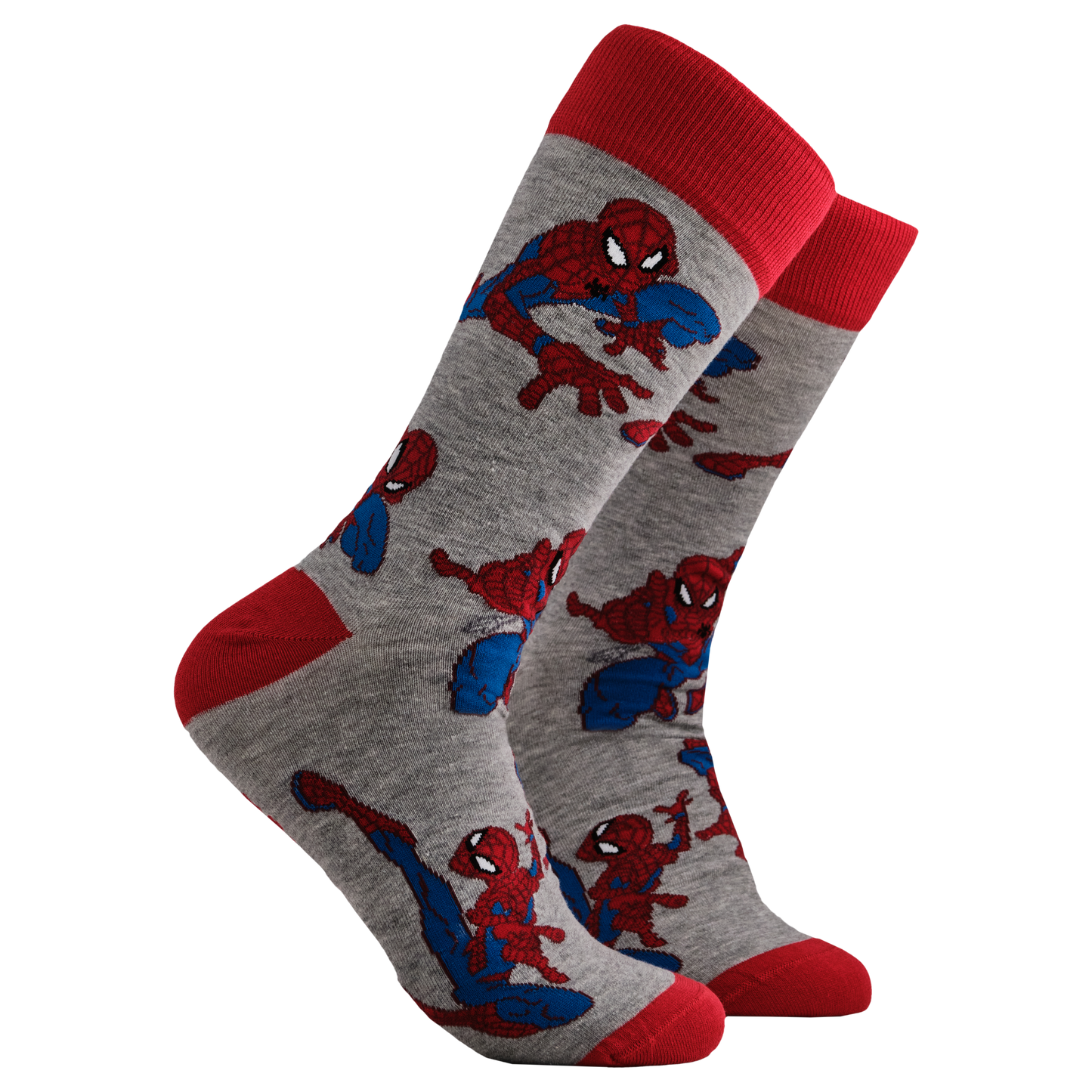 Spiderman Socks - Spidey. A pair of socks depicting the lovable hero Spider-Man. Grey legs, red toe, cuff and heel. 