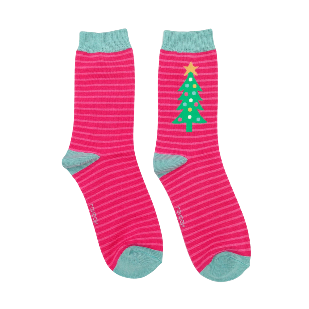 Festive Trees Bamboo Socks - Miss Sparrow. A pair of socks depicting a festive christmas tree. Striped pink legs, green heel, toe and cuff. 