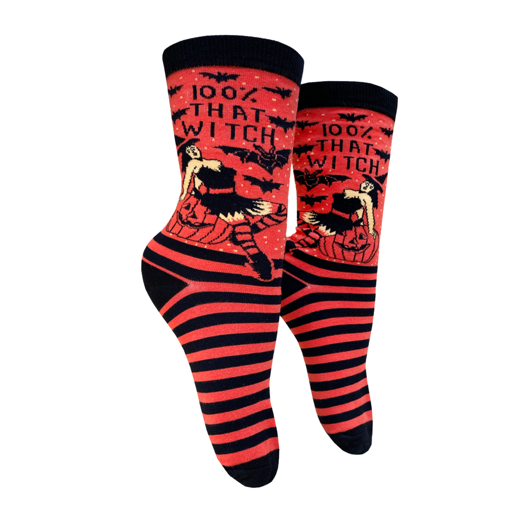 
                      
                        100% That Witch Socks - Small. A pair of red and black, striped socks featuring a hot witch. Black toes, heel and cuff. 
                      
                    