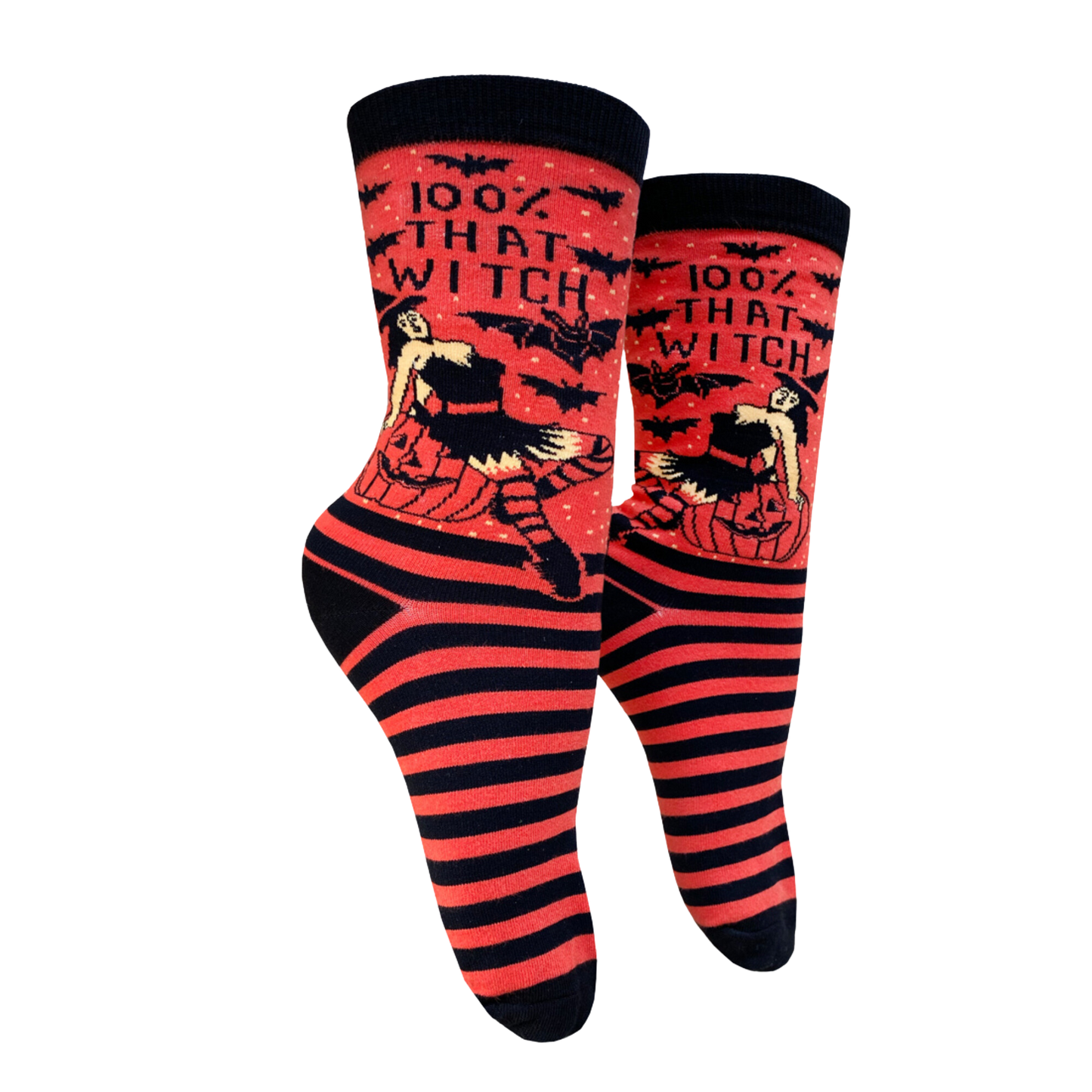 
                  
                    100% That Witch Socks - Small. A pair of red and black, striped socks featuring a hot witch. Black toes, heel and cuff. 
                  
                