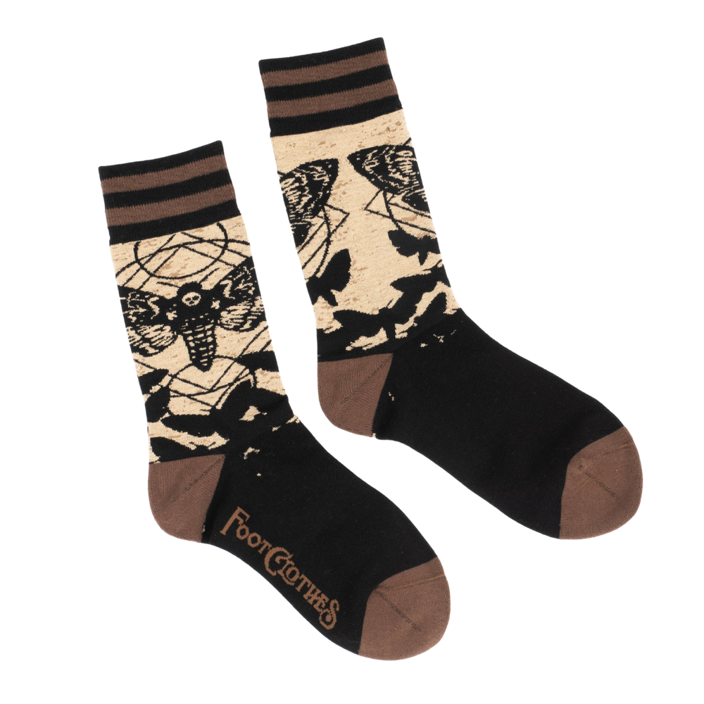 Death's Head Hawkmoth Socks. A pair of socks depicting a deaths head moth. Brown toes, heel and cuff. 