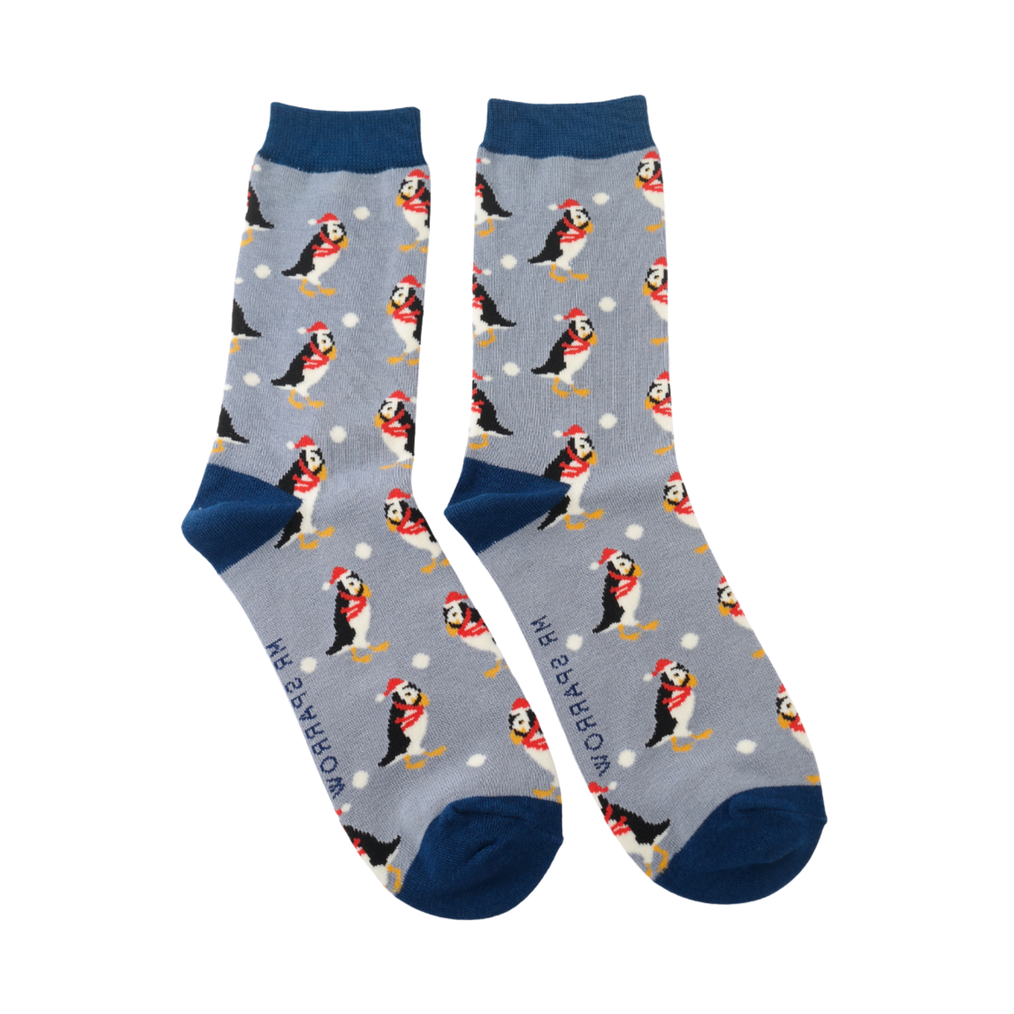 Xmas Puffins Bamboo Socks - Miss Sparrow. A pair of socks depicting puffins all dressed up for the holidays. Blue legs, dark blue heel, toe and cuff. 