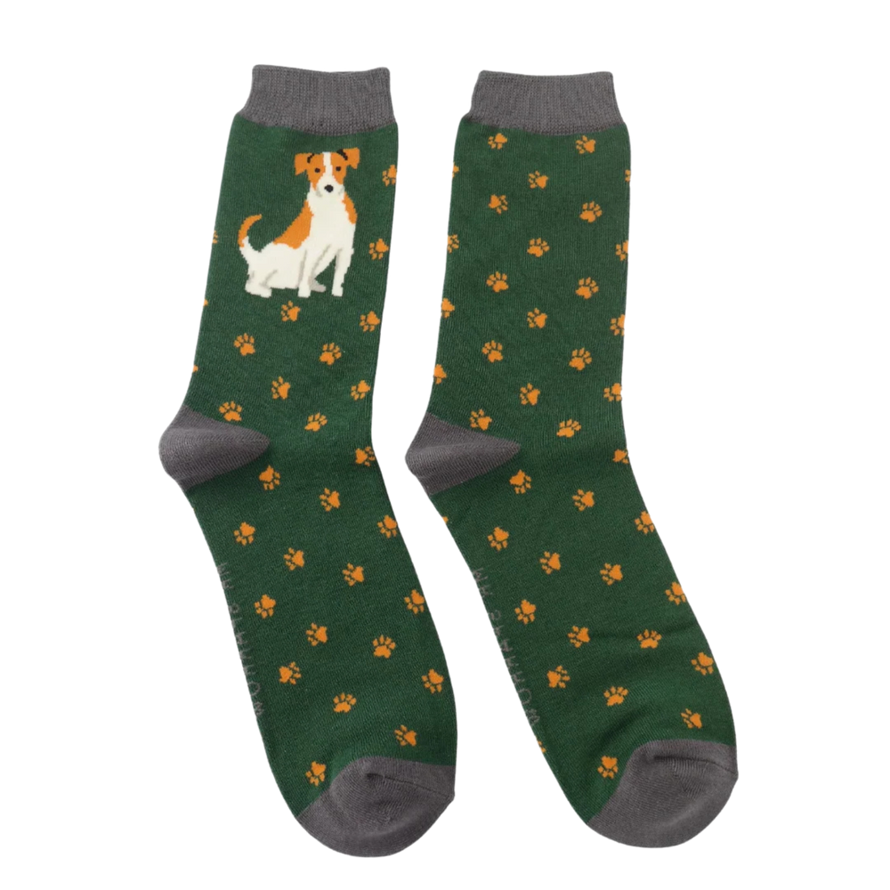 
                      
                        A pair of socks featuring a cute jack russell. Dark green legs, grey heel, toe and cuff. 
                      
                    