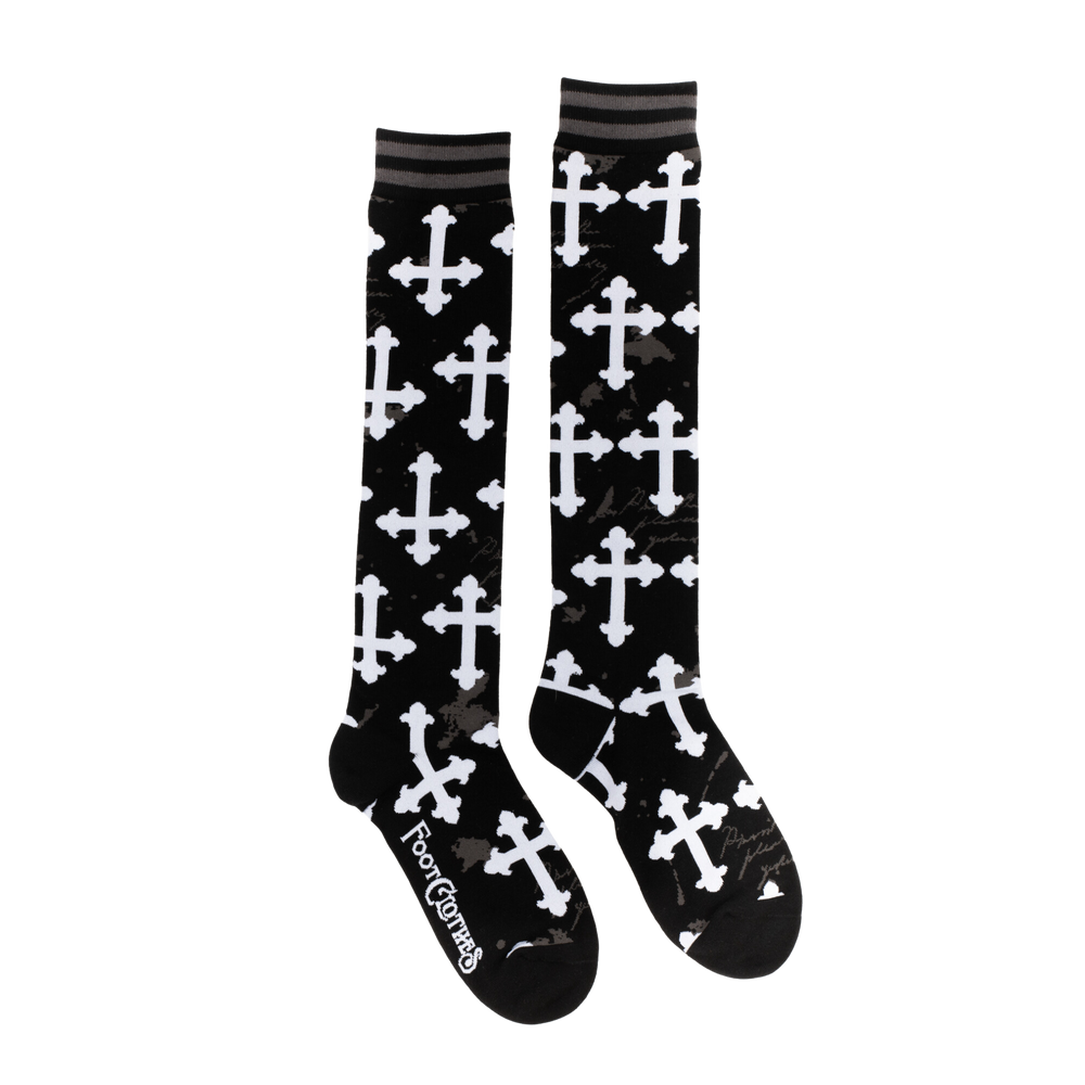 
                      
                        Gothic Crosses Knee High Socks. A pair of knee high socks with a gothic cross pattern. Black and white. 
                      
                    