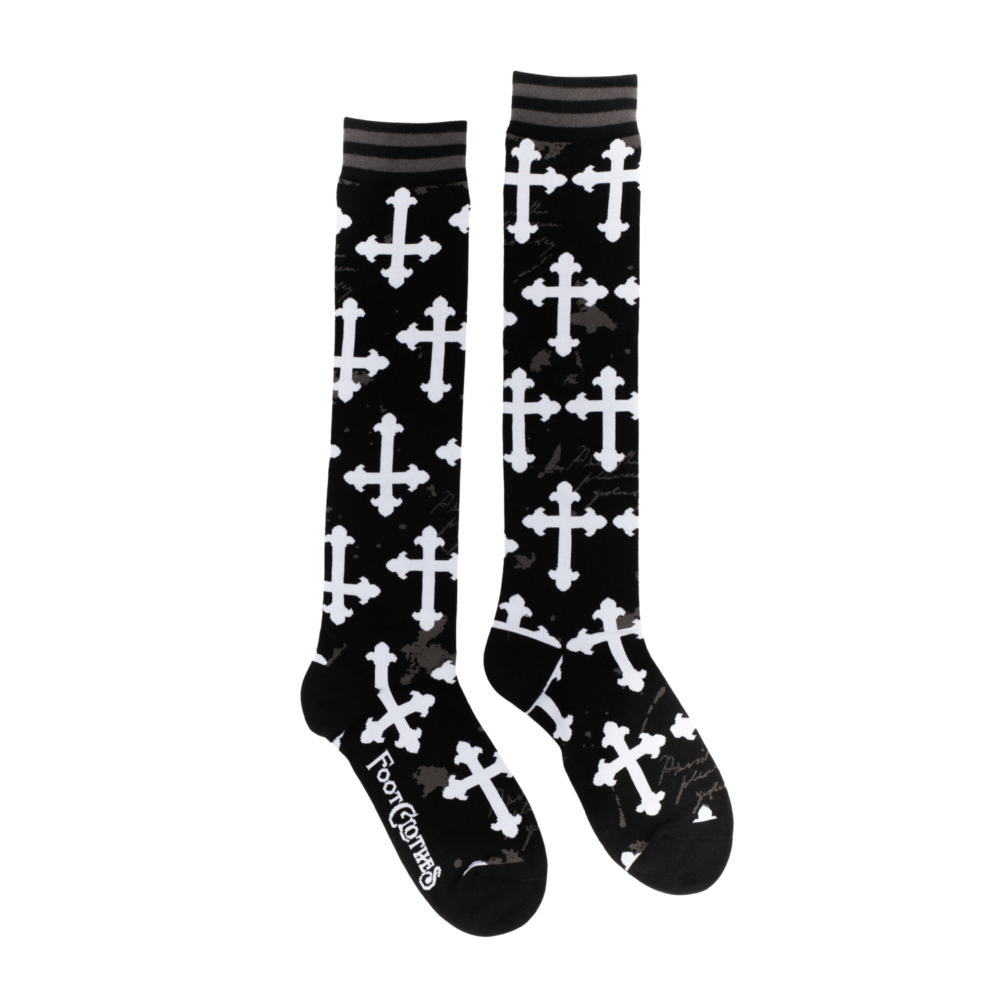 
                  
                    Gothic Crosses Knee High Socks. A pair of knee high socks with a gothic cross pattern. Black and white. 
                  
                