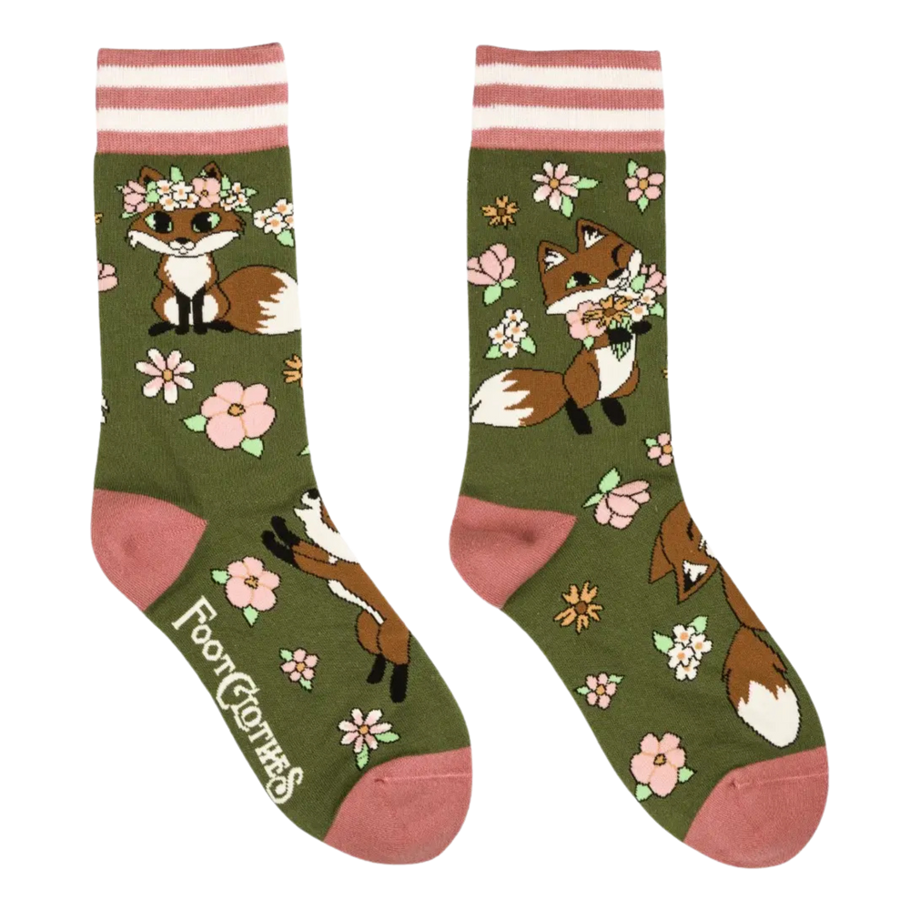 
                      
                        Floral Foxes Crew Socks. A pair of socks featuring cute woodland foxes. Green legs, pink heel, toe and cuff. 
                      
                    