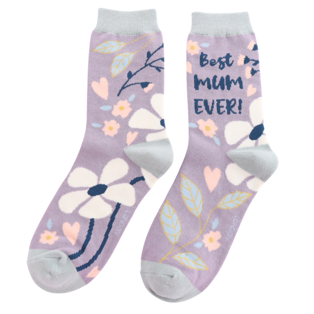 
                      
                        Best Mum Ever Bamboo Socks. A pair of socks with a floral motif and best mum ever slogan. Purple legs and grey heel toe and cuff. 
                      
                    