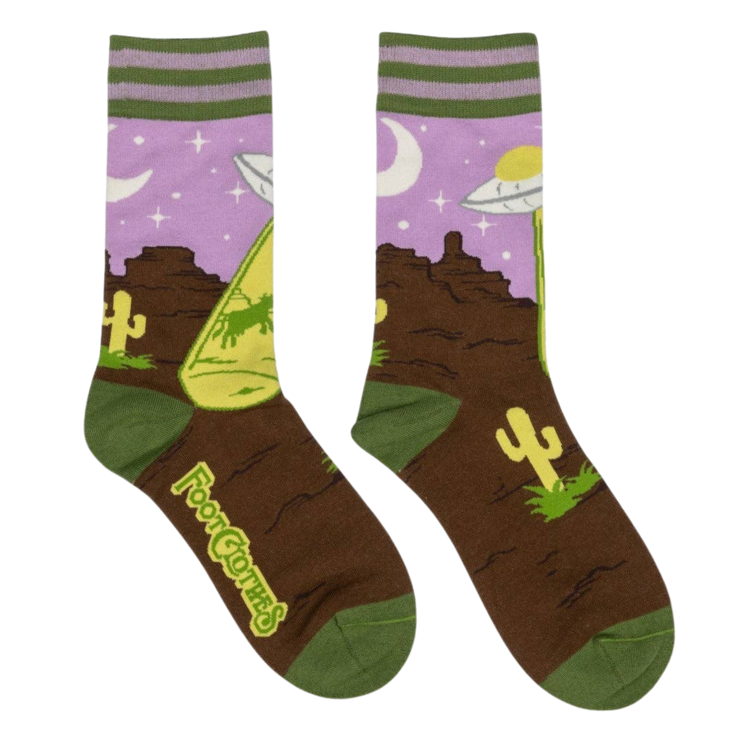 Home on the Strange Socks. A pair of socks featuring a UFO and a very confused cow. Brown legs, green heel, toe and cuff. 