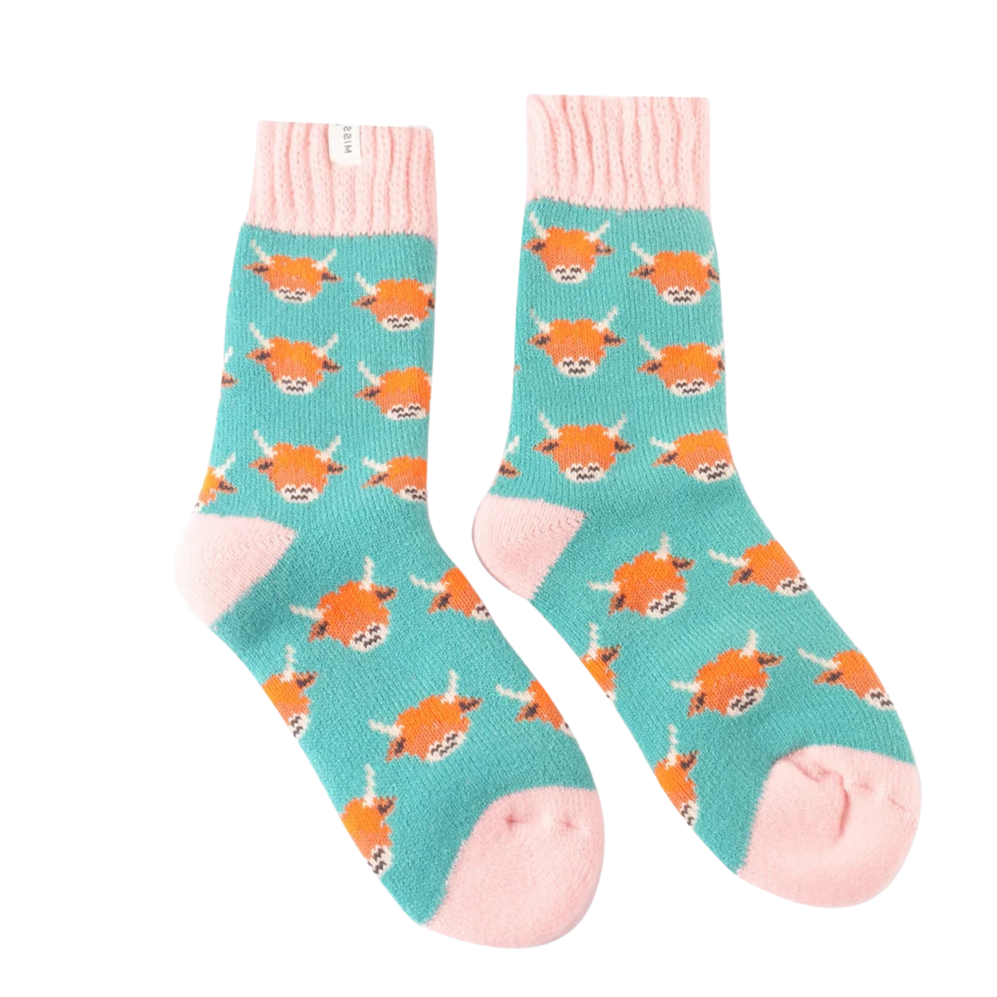 Winter Highland Cows Socks - Miss Sparrow. A pair of socks depicting highland cows. Teal legs, pink heel, toe and cuff. 