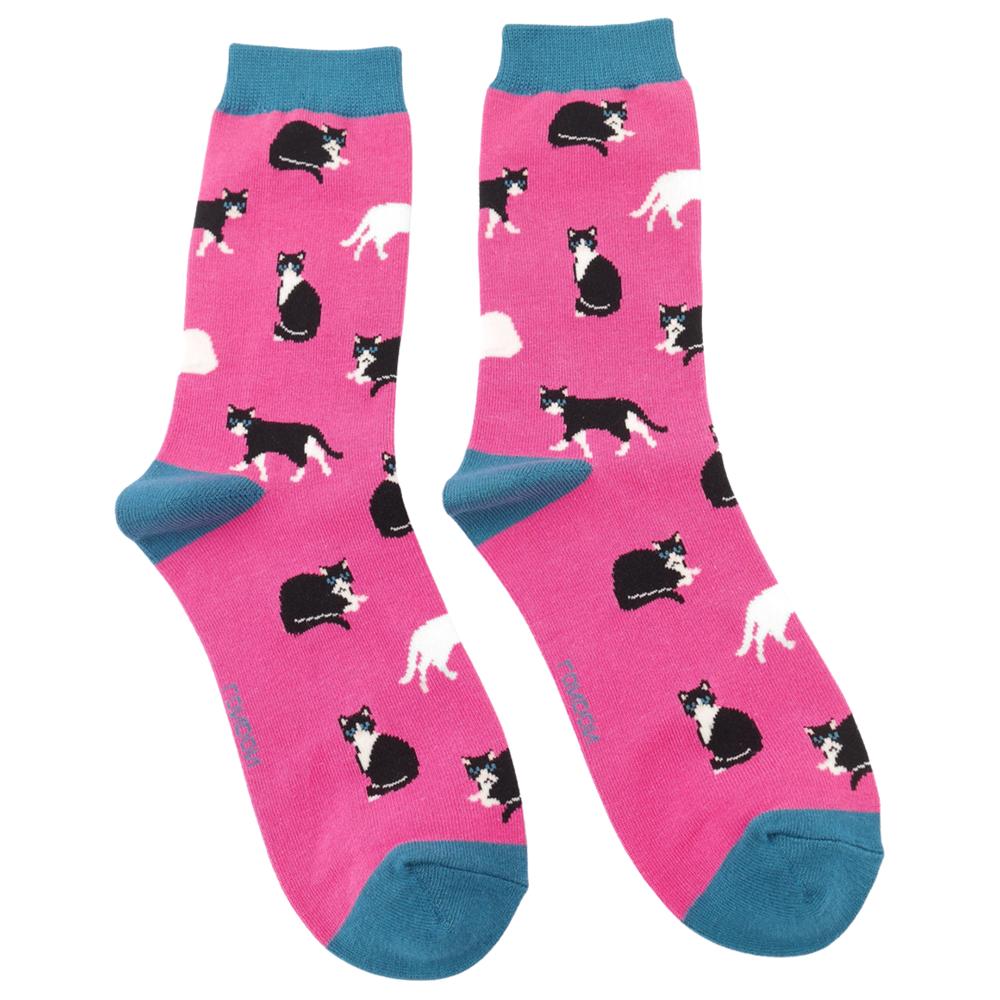 
                      
                        Black & White Cats Bamboo Socks. A pair of socks featuring black and white cats. Pink legs, blue heel, toe and cuff. 
                      
                    