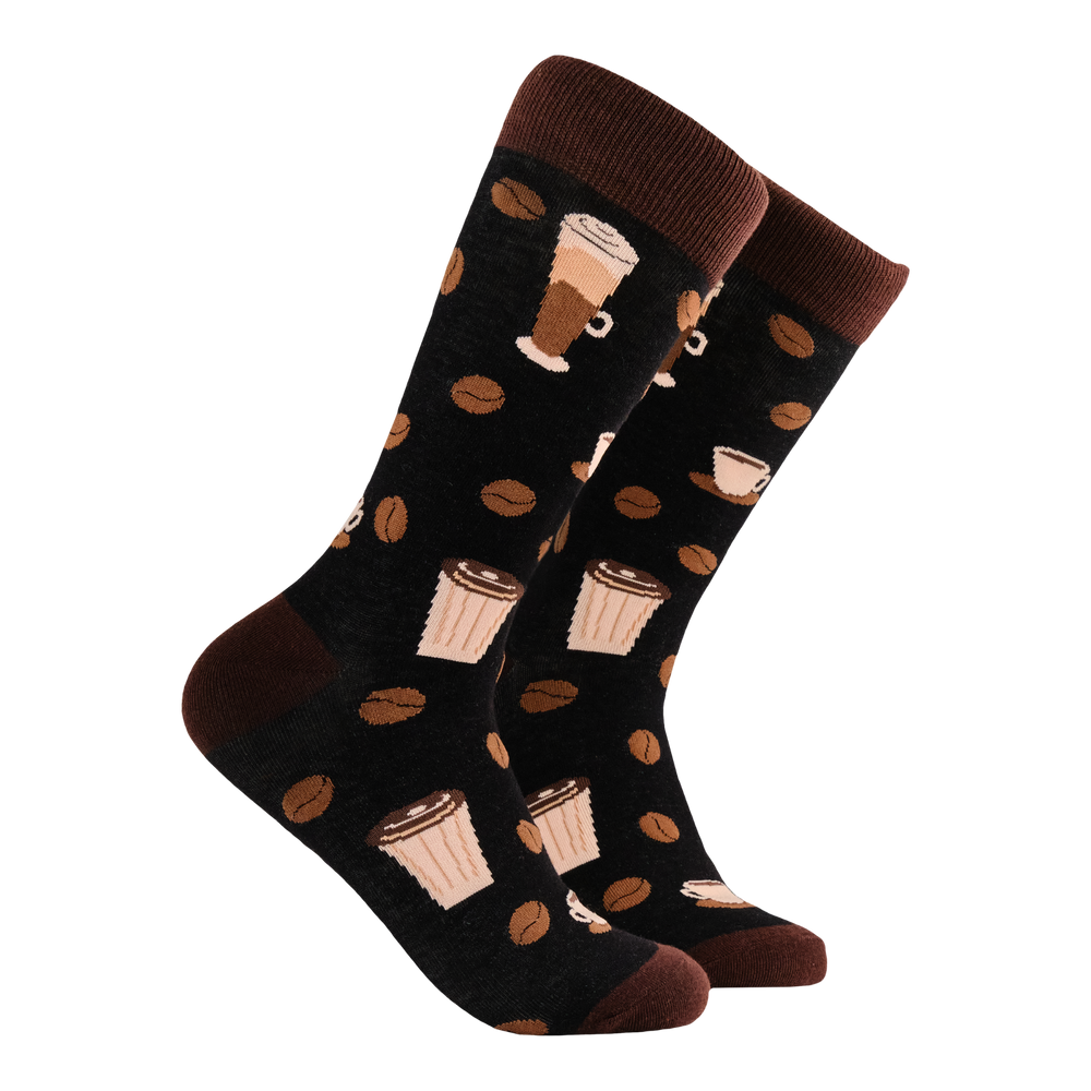 Coffee Lover Socks. A pair of socks with a coffee motif. Dark brown legs, light brown heel, toe and cuff. 