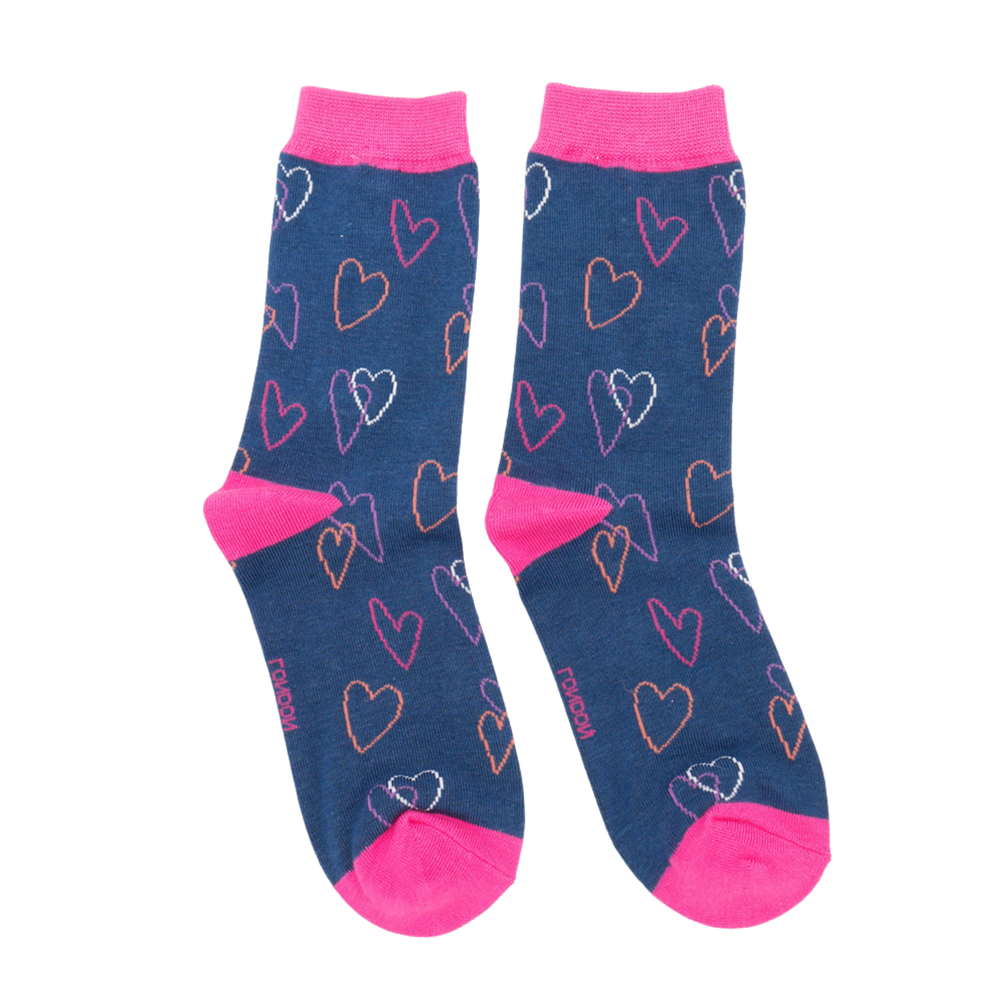 
                      
                        Sketch Hearts Bamboo Socks. A pair of socks with a heart pattern. Blue legs, pink heel toe and cuff. 
                      
                    