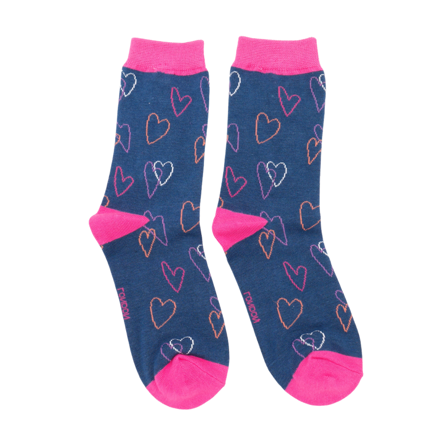 Sketch Hearts Bamboo Socks. A pair of socks with a heart pattern. Blue legs, pink heel toe and cuff. 