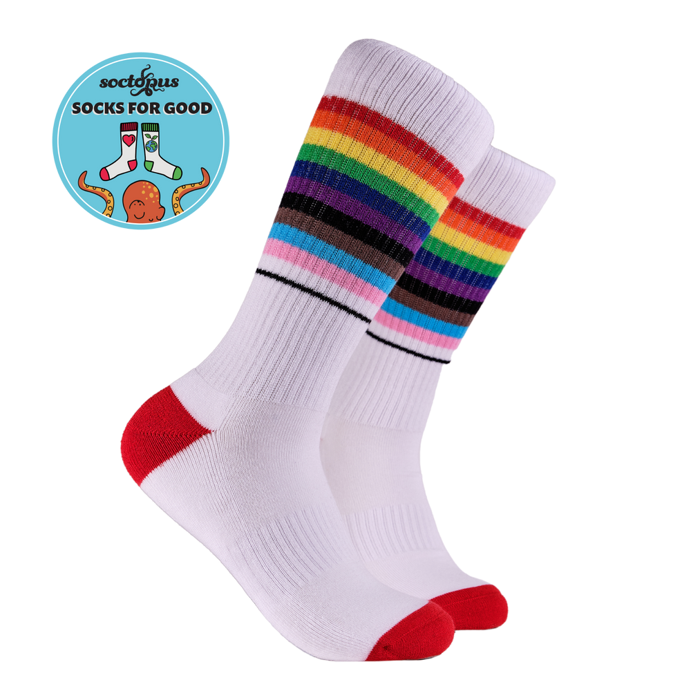 
                      
                        LGBTQA+ Socks - Pride Athletic. A pair of athletic socks with a rainbow motif. 
                      
                    