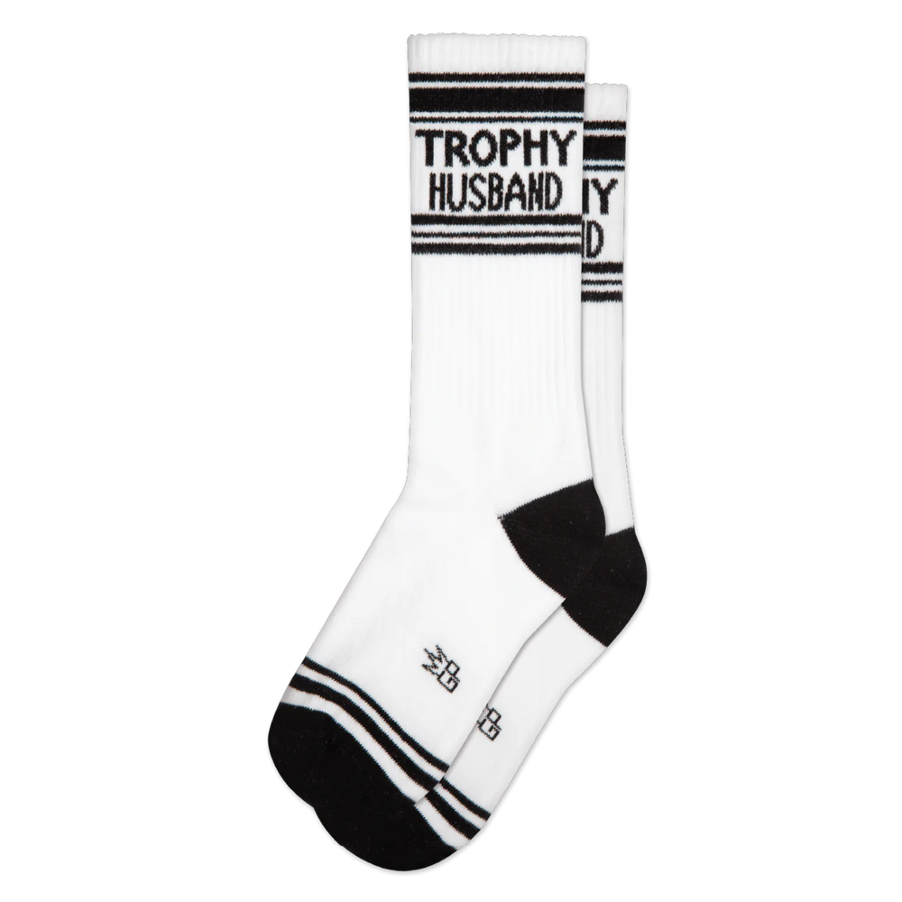 
                      
                        Trophy Husband Athletic Socks. A pair of black and white sports style socks with a Trophy Husband slogan. 
                      
                    