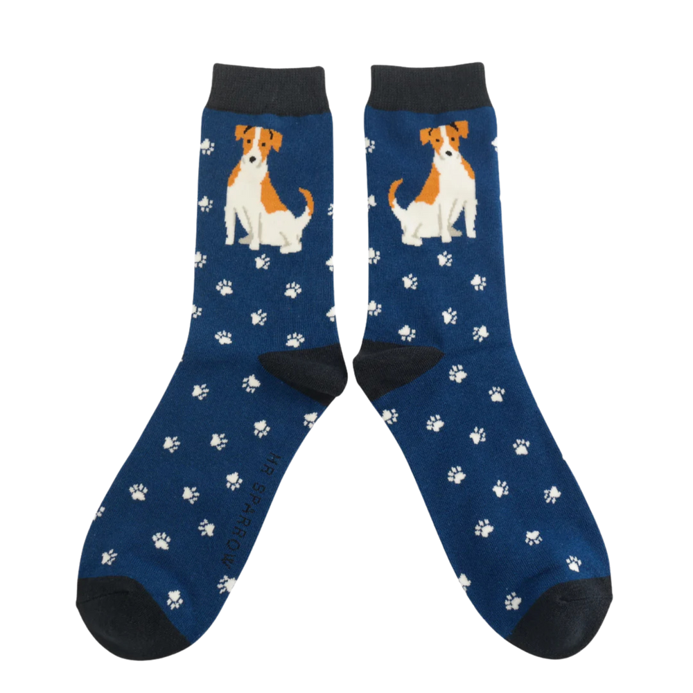 
                      
                        A pair of socks featuring a cute jack russell. Grey legs, pink heel, toe and cuff. 
                      
                    