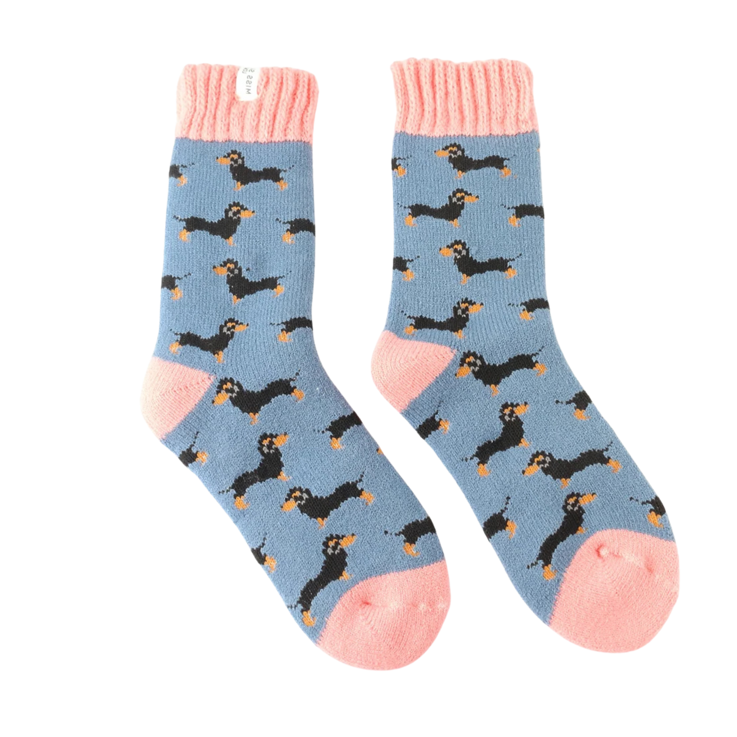 Winter Little Sausage Dogs Bamboo Socks - Miss Sparrow. A pair of winter socks depicting sausage dogs. Pink toe, heel and cuff. 