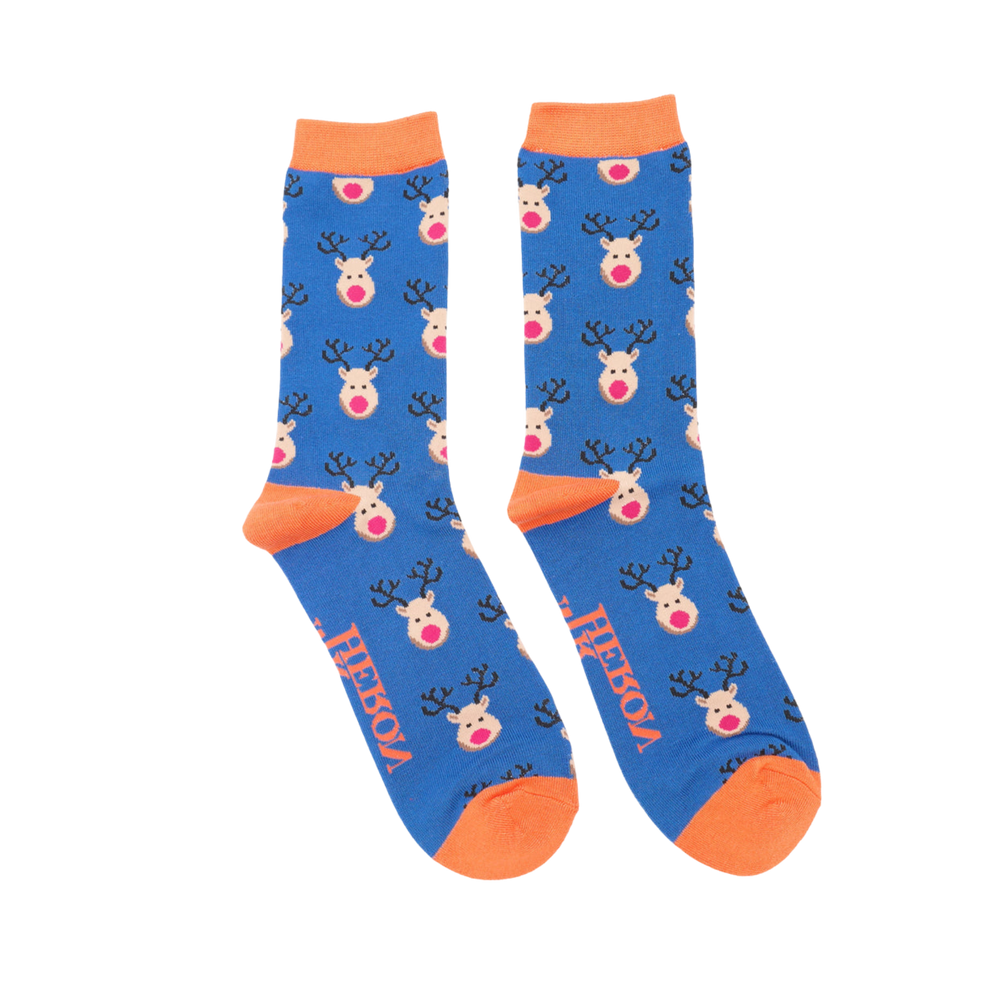 
                      
                        A  pair of socks with a festive reindeer pattern. Blue  legs, orange heel, toes and cuff.  
                      
                    