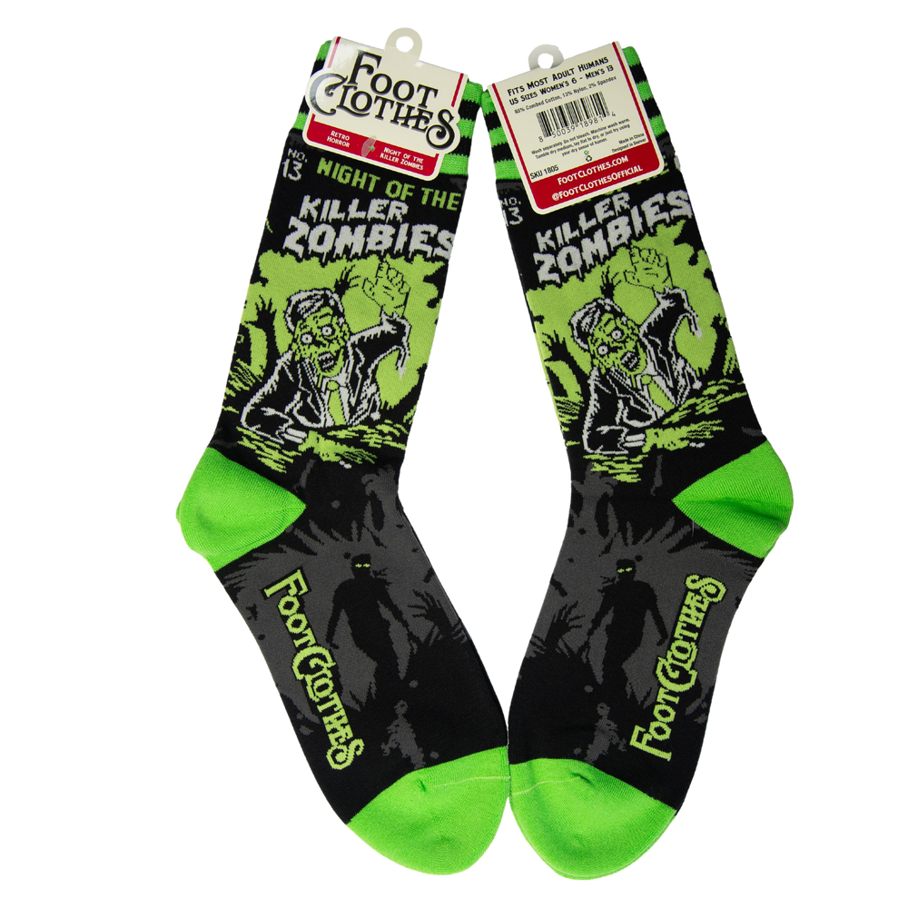 
                      
                        A pair of socks depicting classic zombie imagery. Green toe, heel and cuff. 
                      
                    