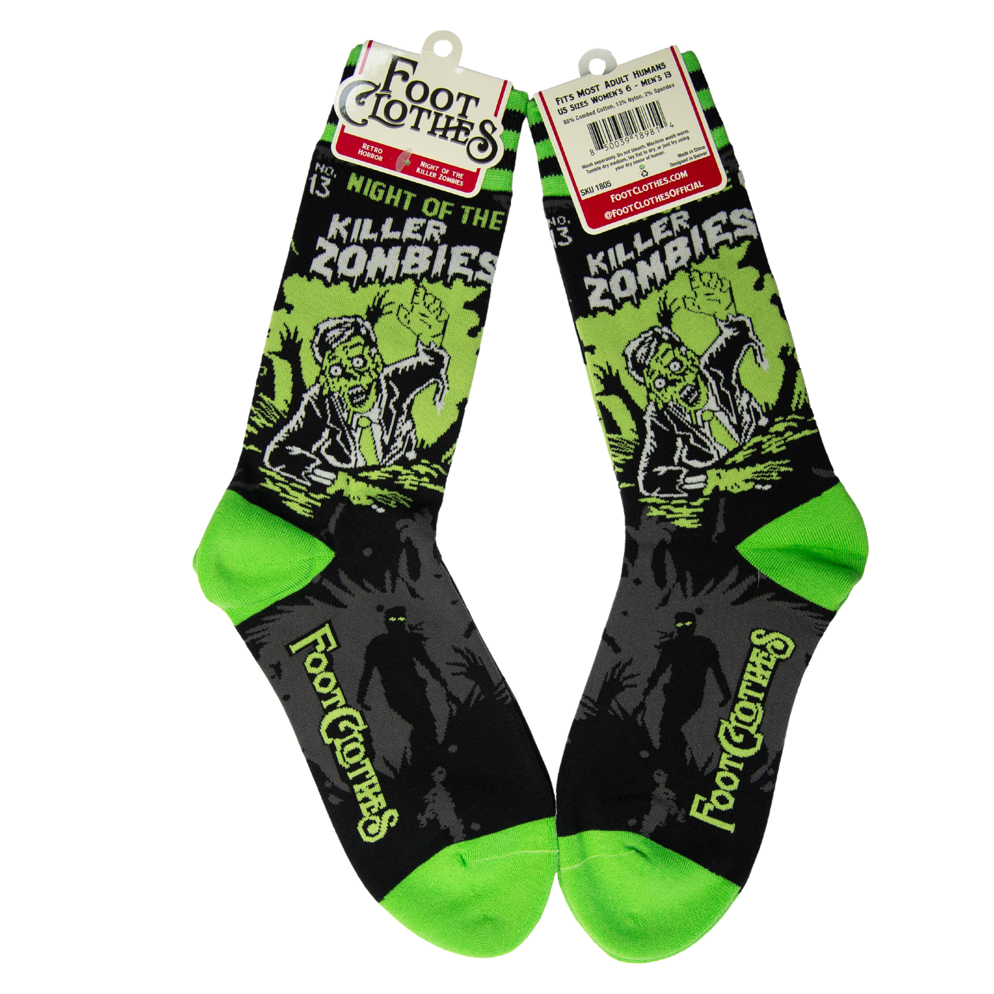 
                  
                    A pair of socks depicting classic zombie imagery. Green toe, heel and cuff. 
                  
                