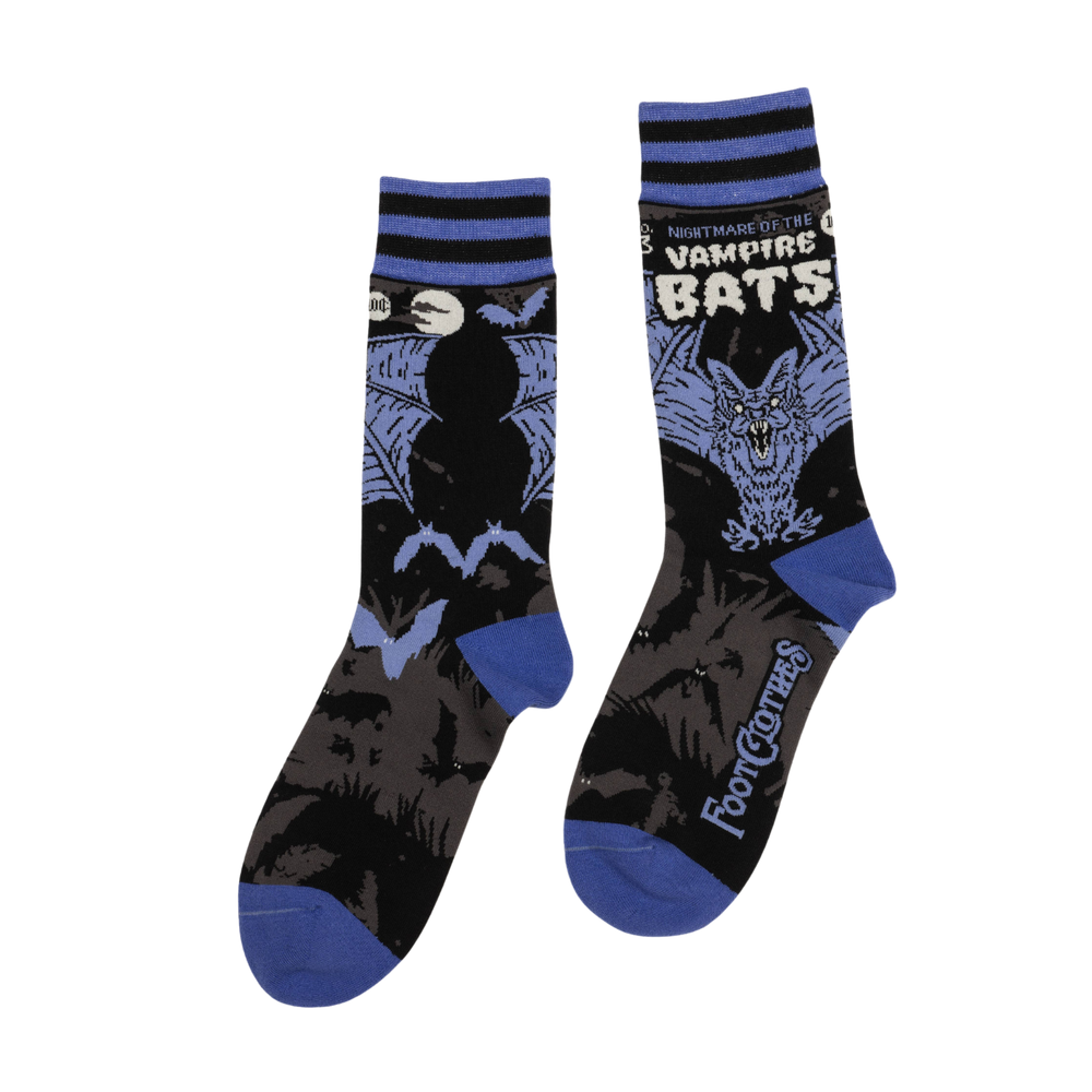 
                      
                        A pair of socks depicting a scary looking vampire bat. Blue toes, cuff and heel. 
                      
                    