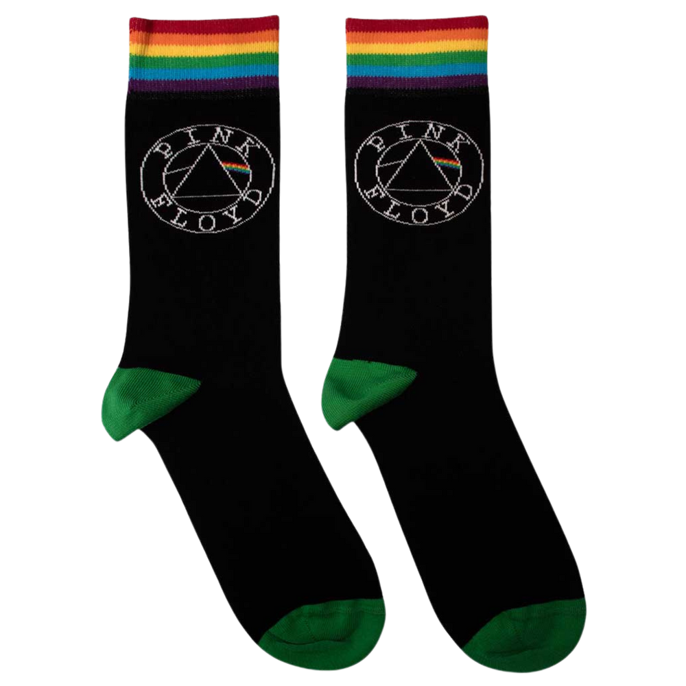 Pink Floyd Circle Logo Socks. A pair of socks with the Pink Floyd logo. Black legs, green heel and toe. Rainbow cuff. 
