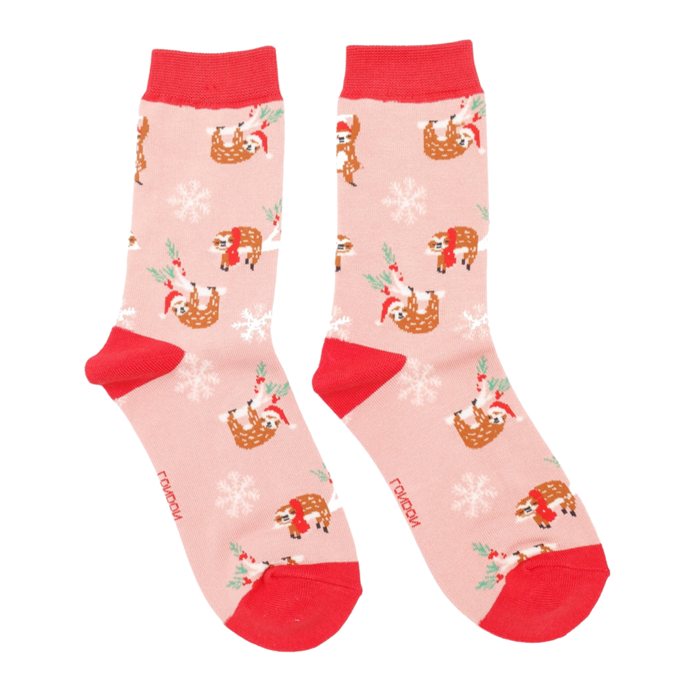 Xmas Sloths Bamboo Socks - Miss Sparrow. A pair of socks depicting xmas sloths wearing santa hats. Pink legs, red heel, toe and cuff. 