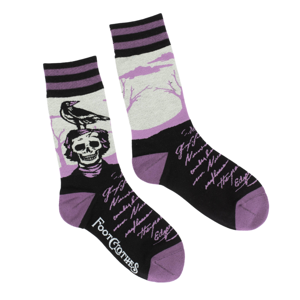 The Raven Poe Socks. A pair of socks depicting a skeleton Edgar Allan Poe with a raven. Purple toes, heel and cuff. 