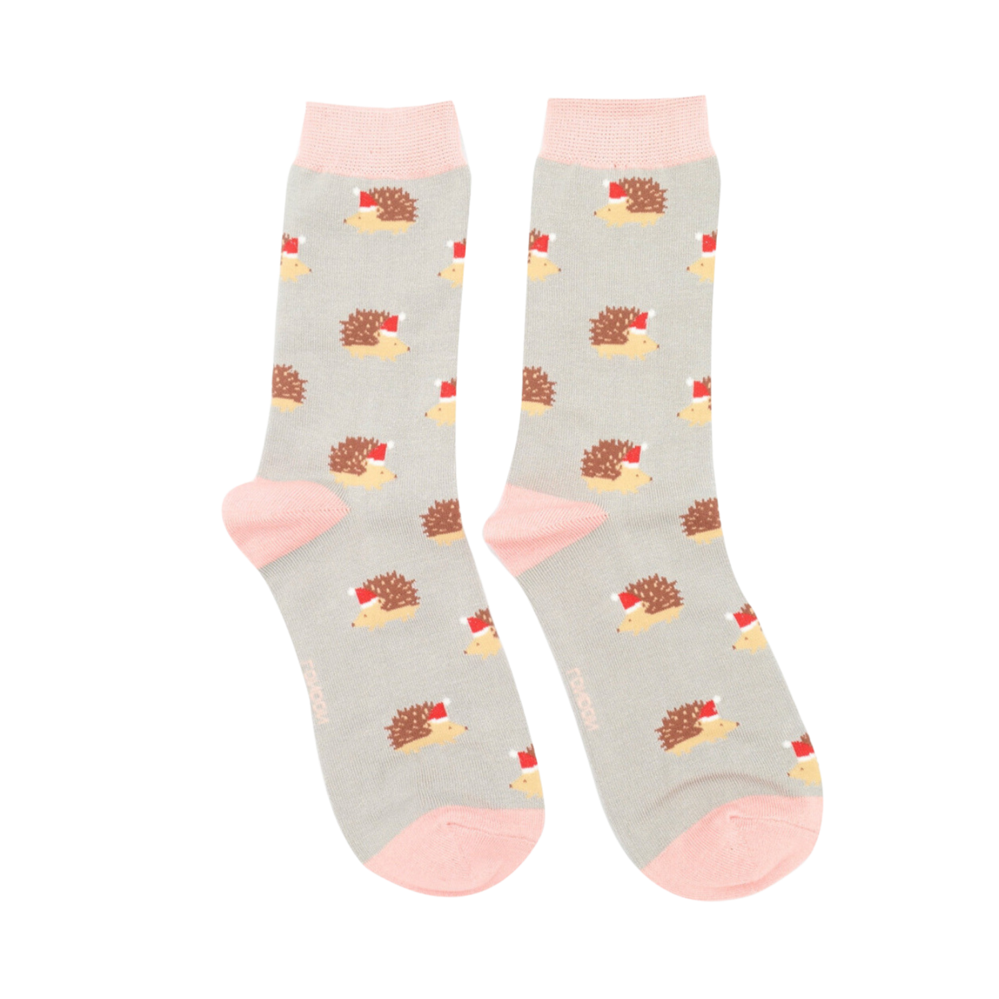 Festive Hedgehogs Bamboo Socks - Miss Sparrow. A pair of socks depicting a festive hedgehog pattern. Grey legs, pink heel, toe and cuff. 