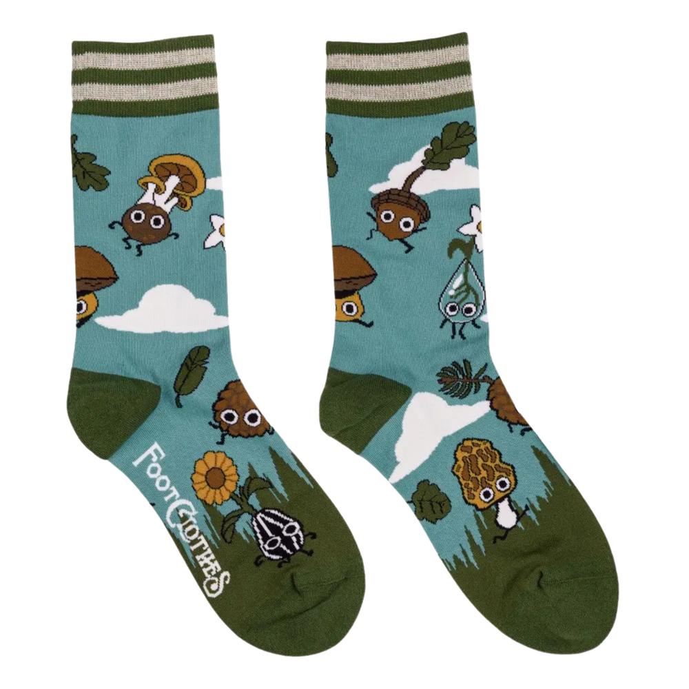 
                      
                        Lil' Forest Buddies Crew Socks. A pair of socks depicting cute woodland creatures. Bright blue legs, green heel, toe and cuff. 
                      
                    