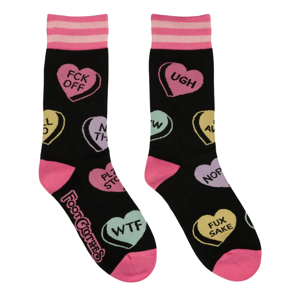 
                      
                        Heartbreaker Crew Socks. A pair of socks with some sweary love slogans. Black legs, pink heel, toe and cuff. 
                      
                    