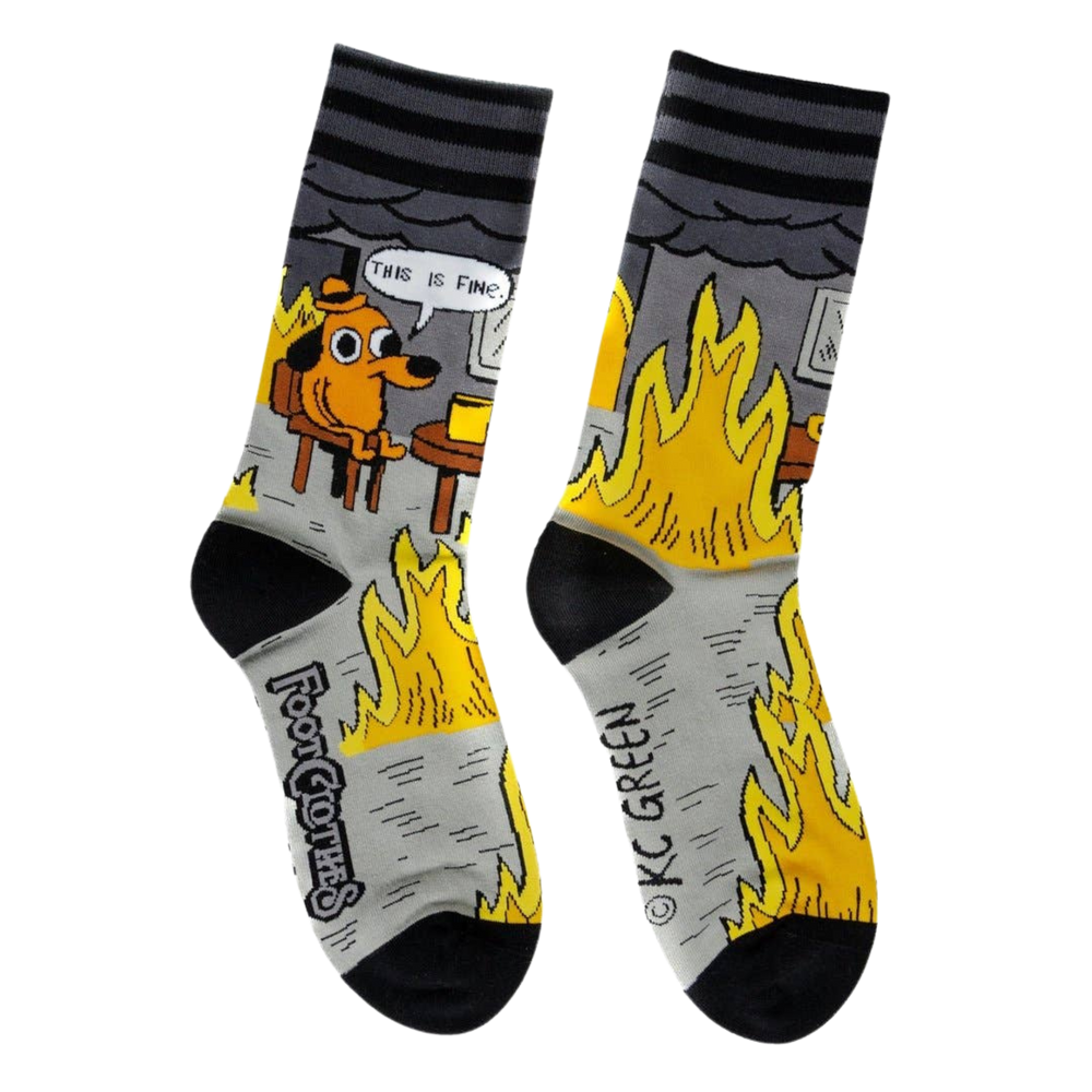 This is Fine: Noir Edition Socks. A pair of socks with a KC Green cartoon. Grey and yellow legs. 