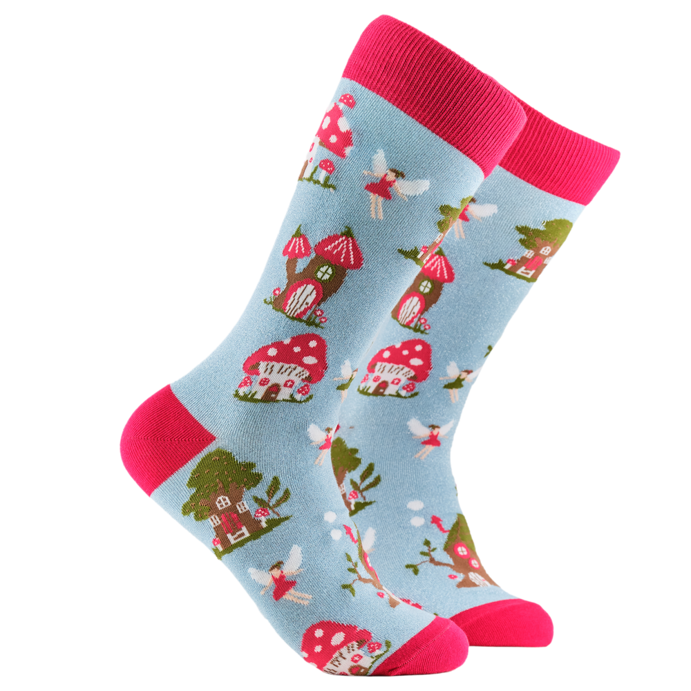 Fairy Socks - Away with the Fairies. A pair of socks depicting fairies and toadstools. Light blue legs, red cuff, heel and toe. 