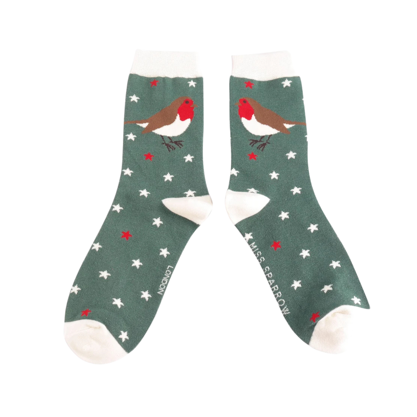 Festive Robins Bamboo Socks - Miss Sparrow. A pair of socks with a red robin and festive stars pattern. Green legs, white cuff, heel and toe. 