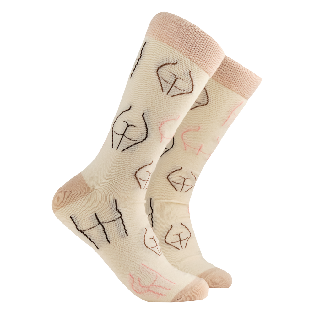 Bums Socks. A pair of socks depicting various bums. Flesh colour legs, heels, toe and cuff. 