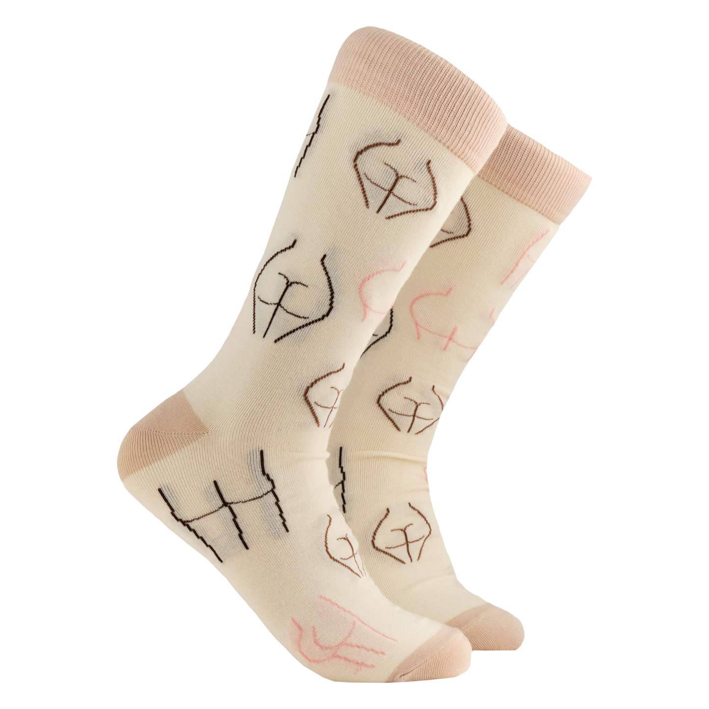 Bums Socks. A pair of socks depicting various bums. Flesh colour legs, heels, toe and cuff. 