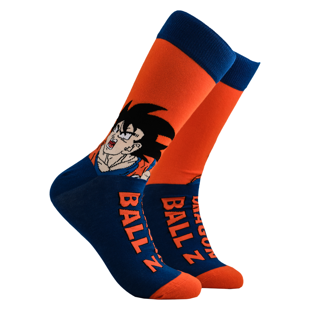 
                      
                        Dragon Ball Z Socks - Goku. A pair of socks depicting Goku from Dragon Ball Z. Orange legs, dark blue heel, cuff and toe. 
                      
                    