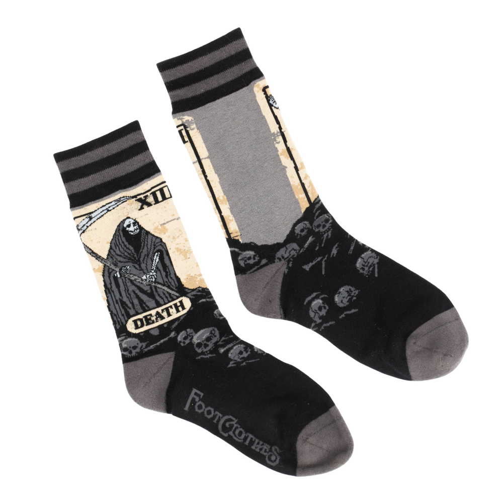 Death Tarot Card Socks. A pair of socks depicting the death tarot card. Grey toe, heel and cuff. 