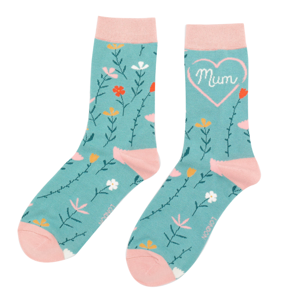 
                      
                        Mum Bamboo Socks. A pair of socks with a floral motif and mum slogan. Teal legs, pink heel, toe and cuff. 
                      
                    