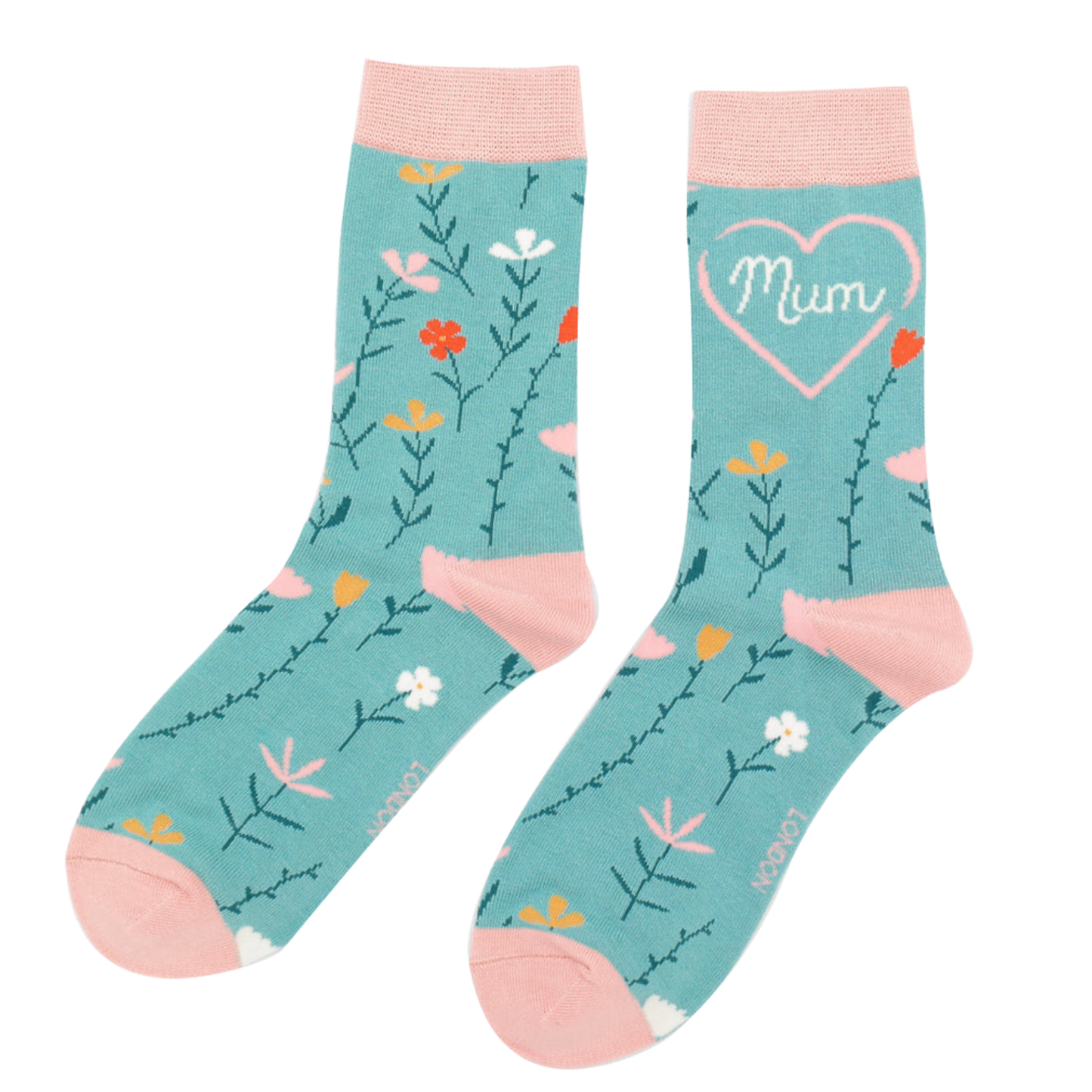 Mum Bamboo Socks. A pair of socks with a floral motif and mum slogan. Teal legs, pink heel, toe and cuff. 