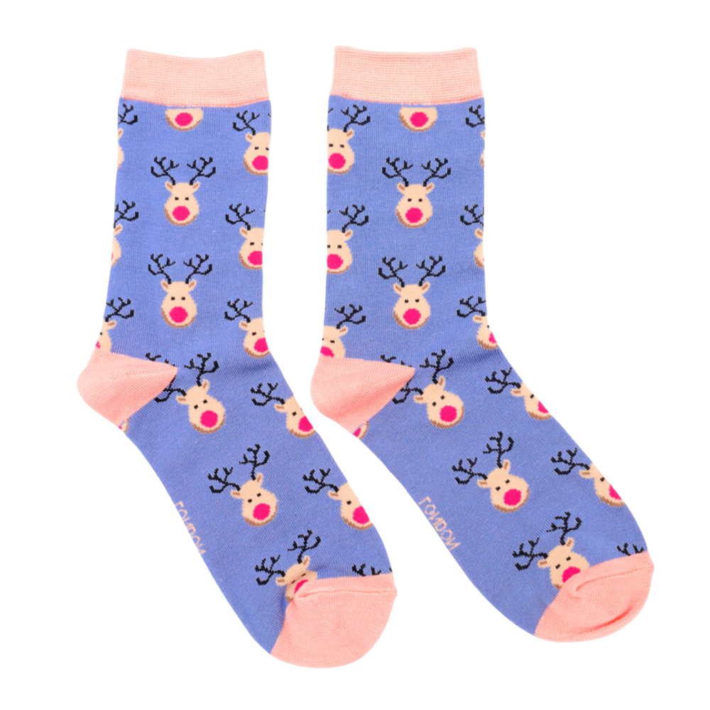 
                      
                        A  pair of socks with a festive reindeer pattern. Blue legs, light  pink heel, toes and cuff.  
                      
                    