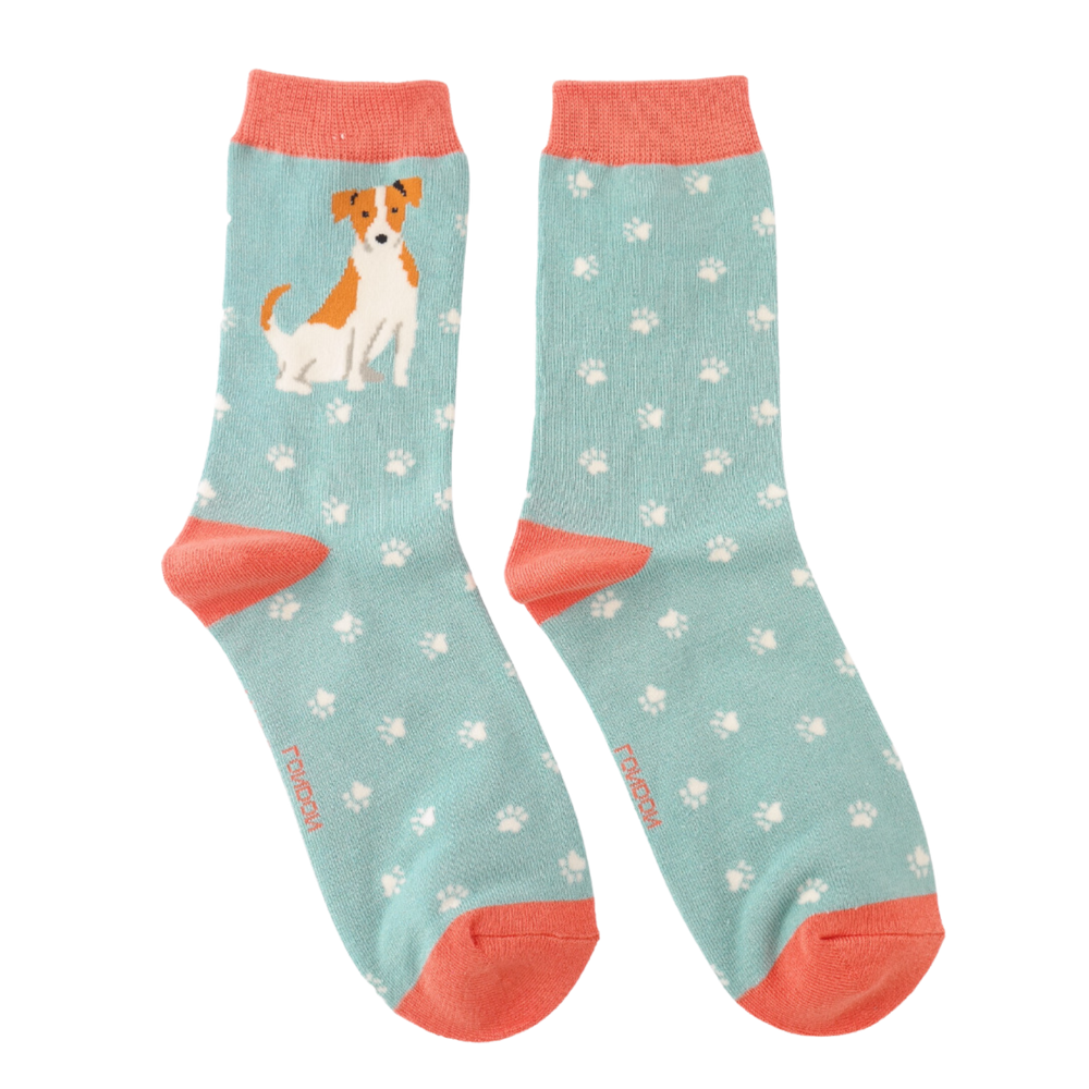 
                      
                        Cute Jack Russells Bamboo Socks. A pair of socks featuring a cute jack russell. Light blue legs, peach heel, toe and cuff. 
                      
                    