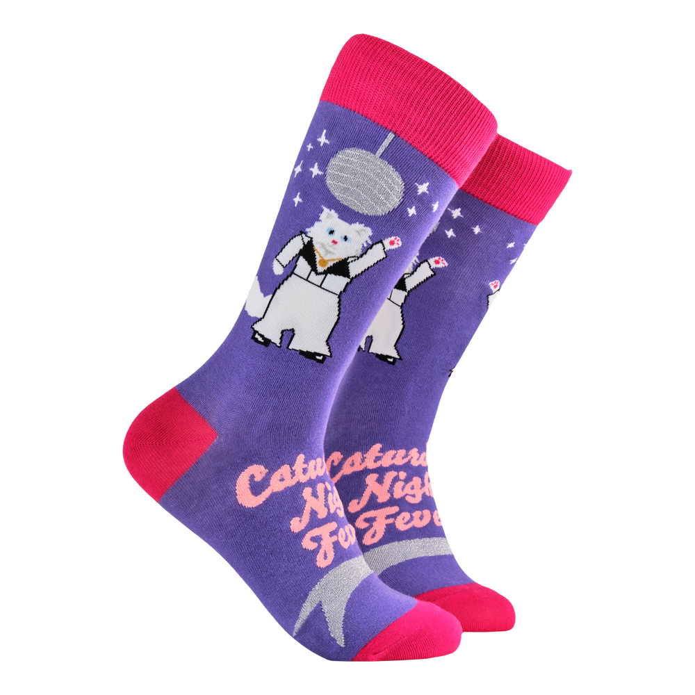 Cat Socks - Caturday Night Fever. A pair of socks featuring a 70s disco cat. Purple legs, bright pink heel, toe and cuff. 