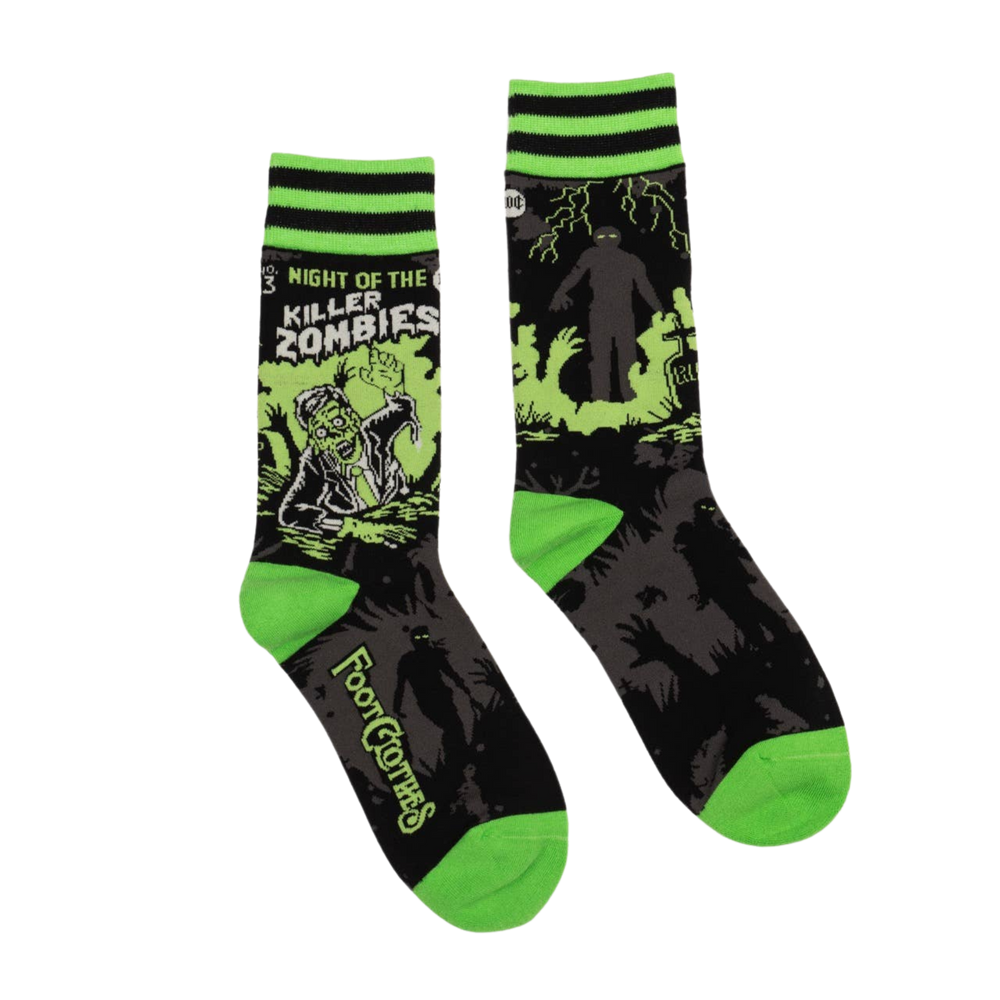 Night of the Killer Zombies Socks. A pair of socks depicting classic zombie imagery. Green toe, heel and cuff. 