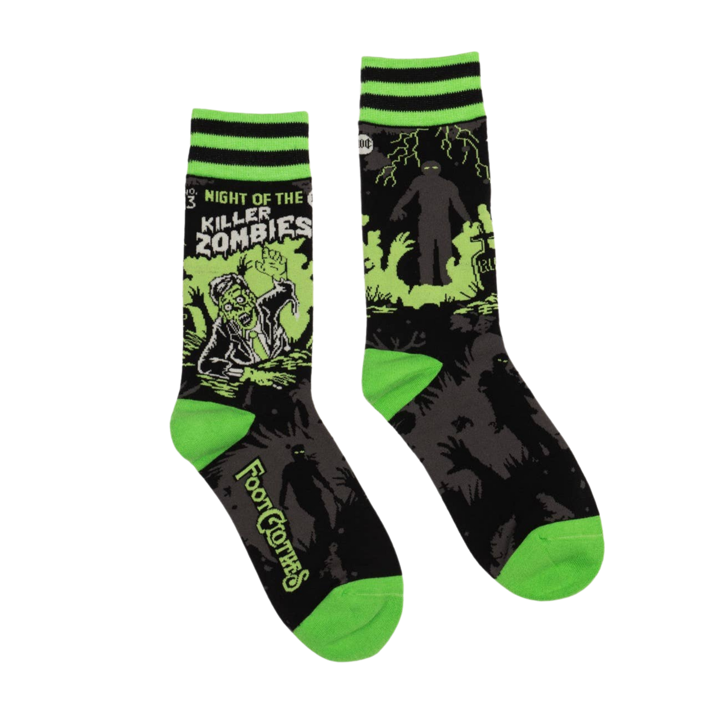 
                  
                    Night of the Killer Zombies Socks. A pair of socks depicting classic zombie imagery. Green toe, heel and cuff. 
                  
                