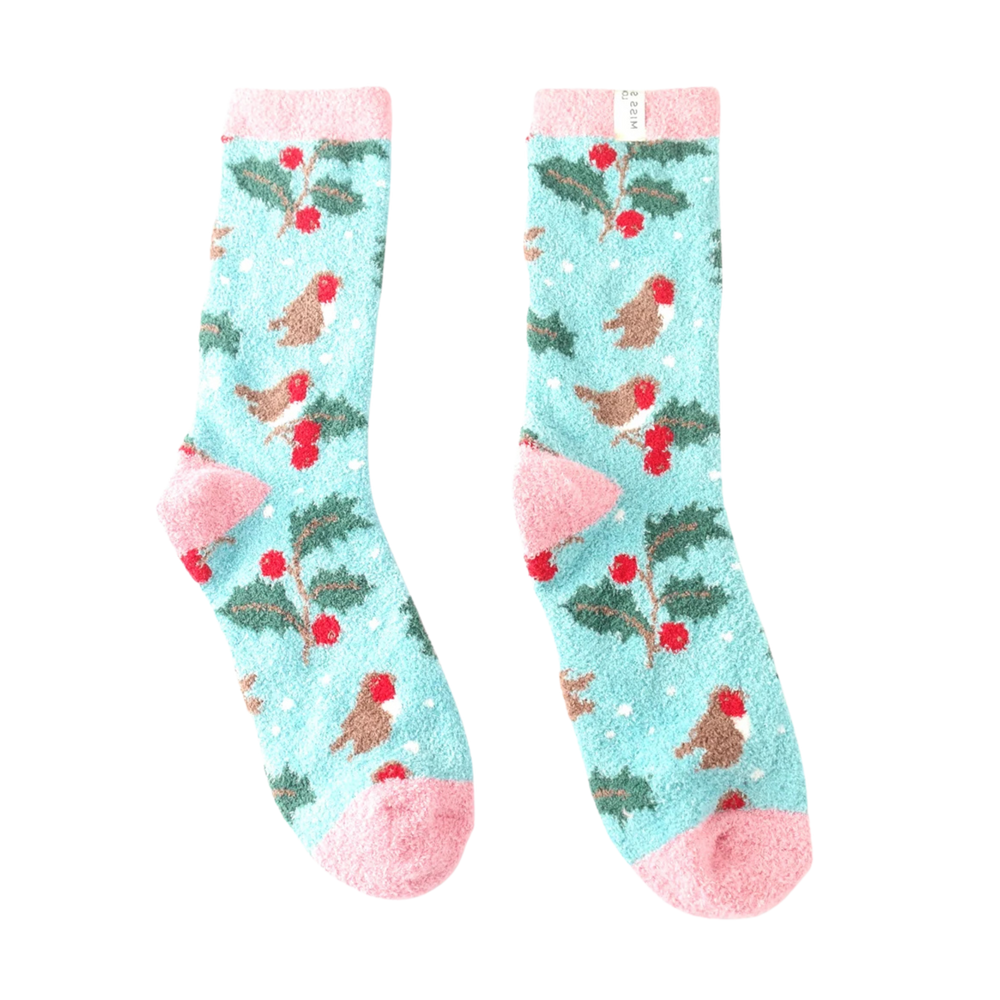 Winter Hedgerow Socks - Miss Sparrow. A pair of winter socks depicting a winter hedgerow pattern. Teal legs, pink heel, toe and cuff. 