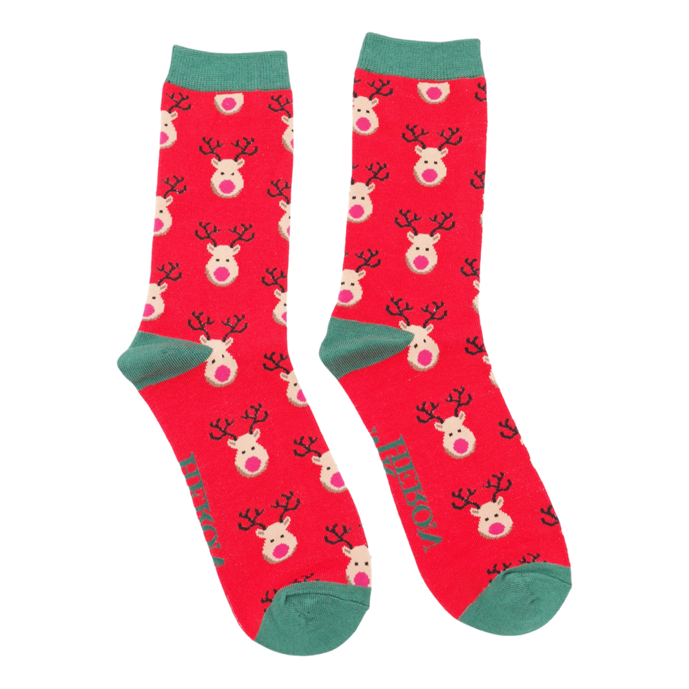 
                      
                        A  pair of socks with a festive reindeer pattern. Red legs, green heel, toes and cuff.  
                      
                    