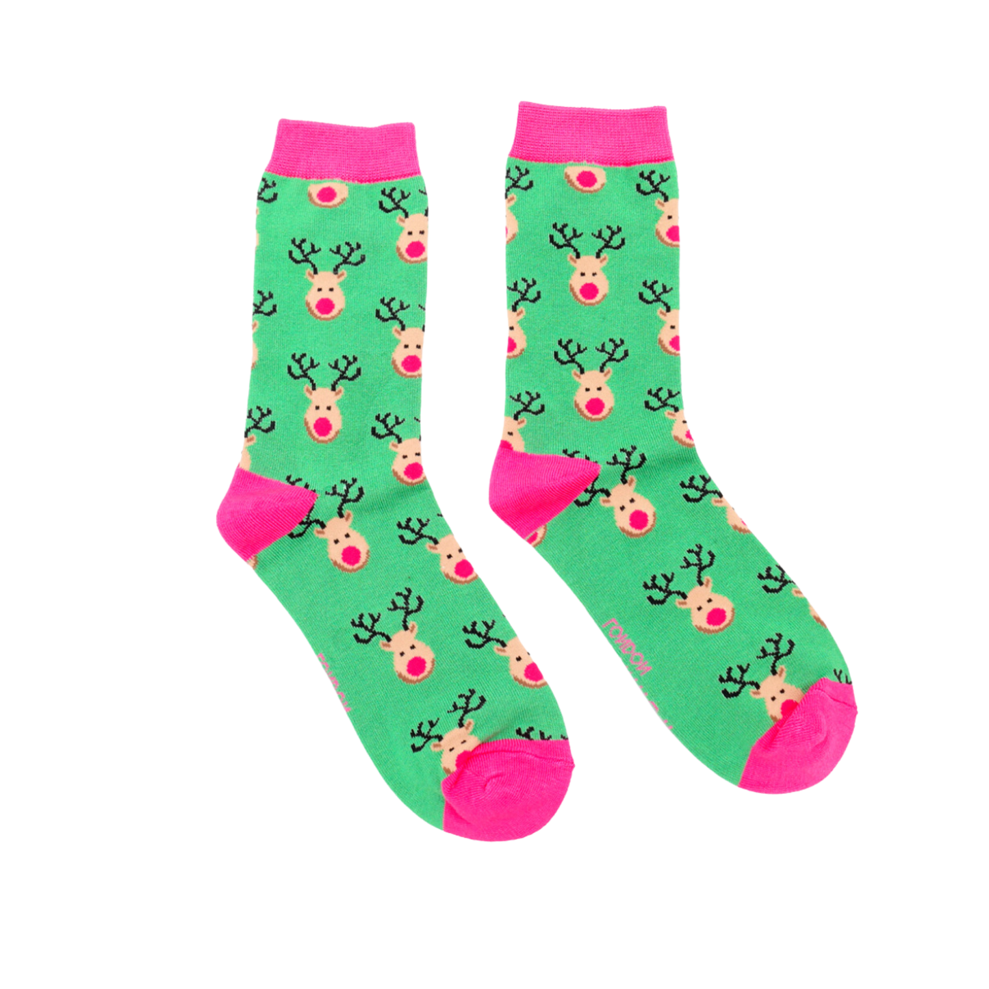 Reindeer Bamboo Socks - Miss Sparrow. A  pair of socks with a festive reindeer pattern. Bright green legs, pink heel, toes and cuff.  