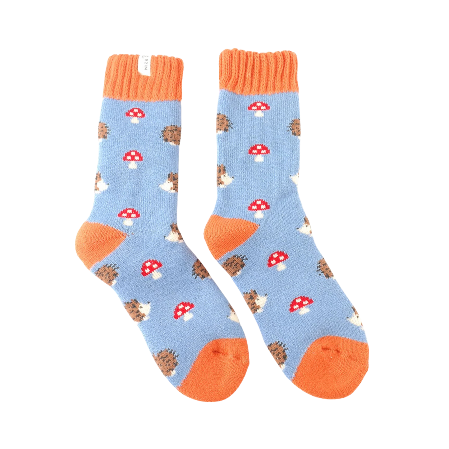 Winter Hedgehogs & Toadstools Socks - Miss Sparrow. A pair of socks with a hedgehog and toadstool motif. Blue legs. Orange cuff, toe and heel. 